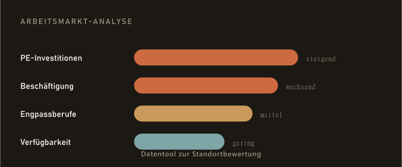 Datentool zur Standortbewertung: Balkendiagramm der Arbeitsmarkt-Analyse mit PE-Investitionen (steigend), Beschäftigung (wachsend), Engpassberufen (mittel) und Verfügbarkeit (gering).
