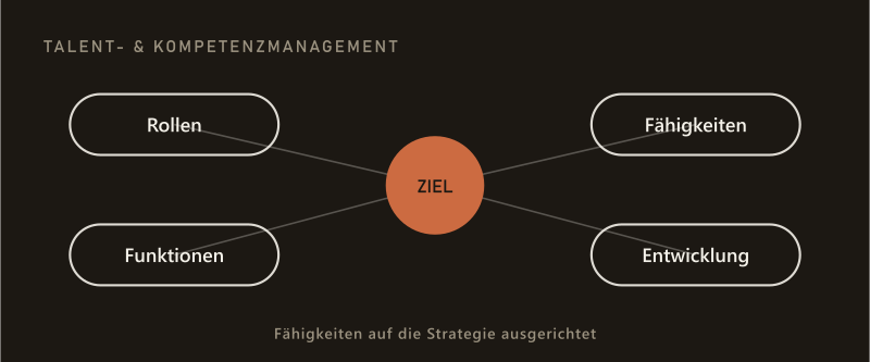 Talent- und Kompetenzmanagement: Rollen, Fähigkeiten, Funktionen und Entwicklung führen zum Ziel, Fähigkeiten auf die Strategie ausgerichtet.