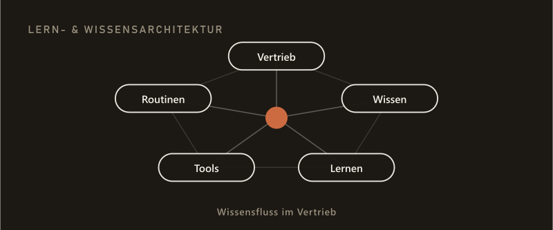 Netzdiagramm der Lern- und Wissensarchitektur mit den Knoten Vertrieb, Wissen, Lernen, Tools und Routinen rund um einen Mittelpunkt — Wissensfluss im Vertrieb.