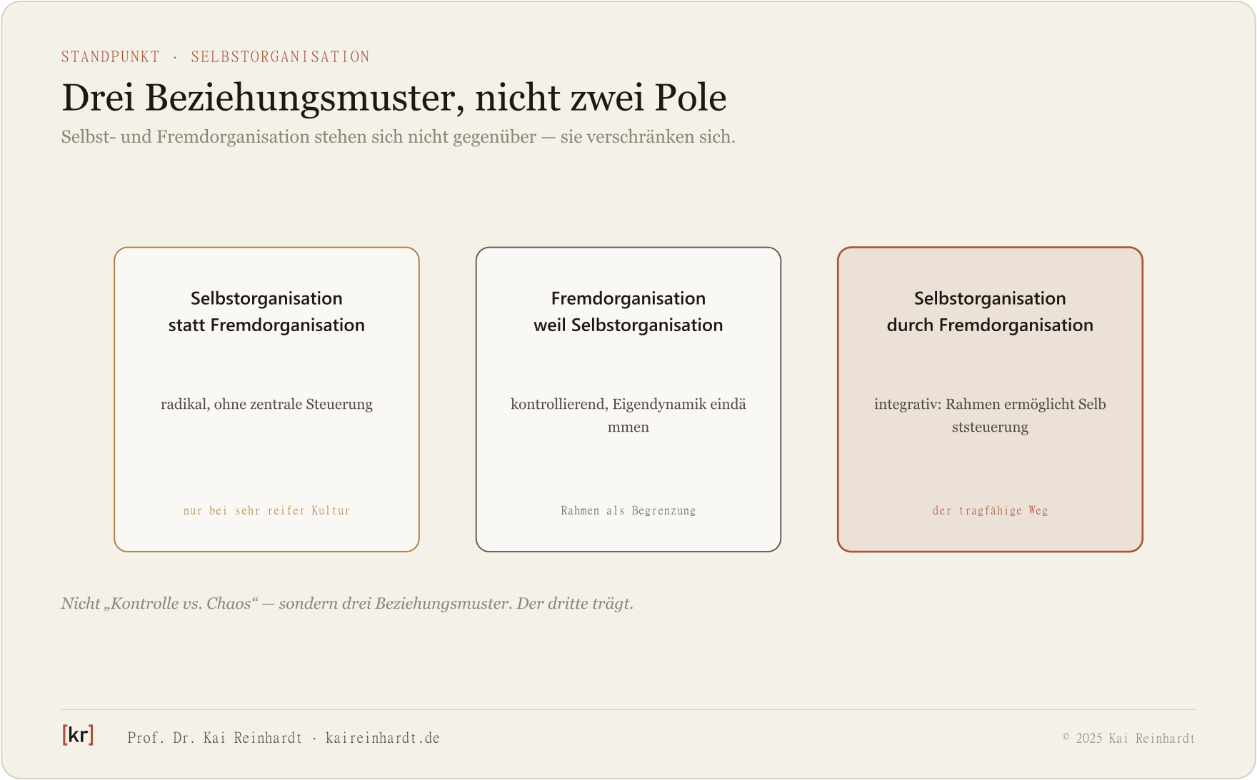 Drei Beziehungsmuster von Selbst- und Fremdorganisation.