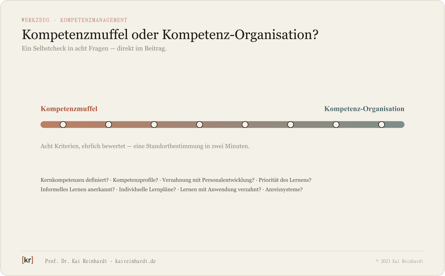 Skala vom Kompetenzmuffel zur Kompetenz-Organisation mit acht Kriterien