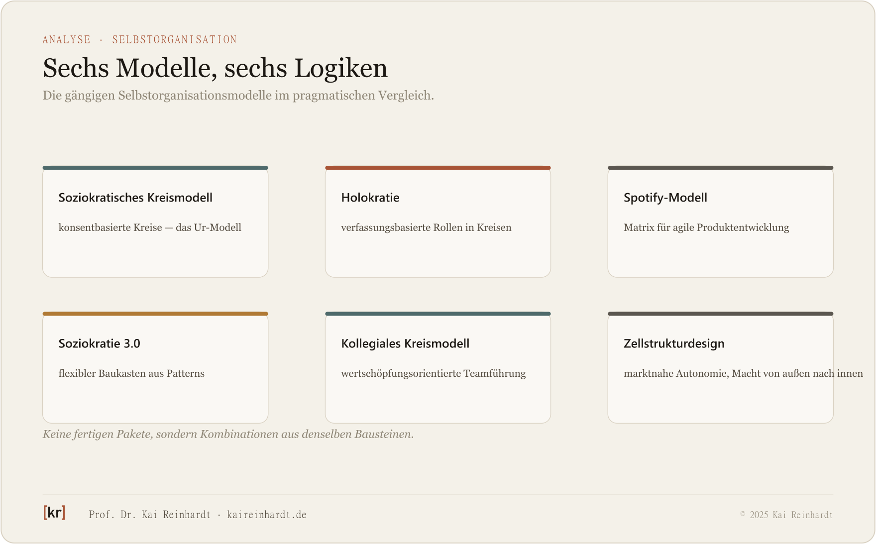 Sechs Selbstorganisationsmodelle im Vergleich