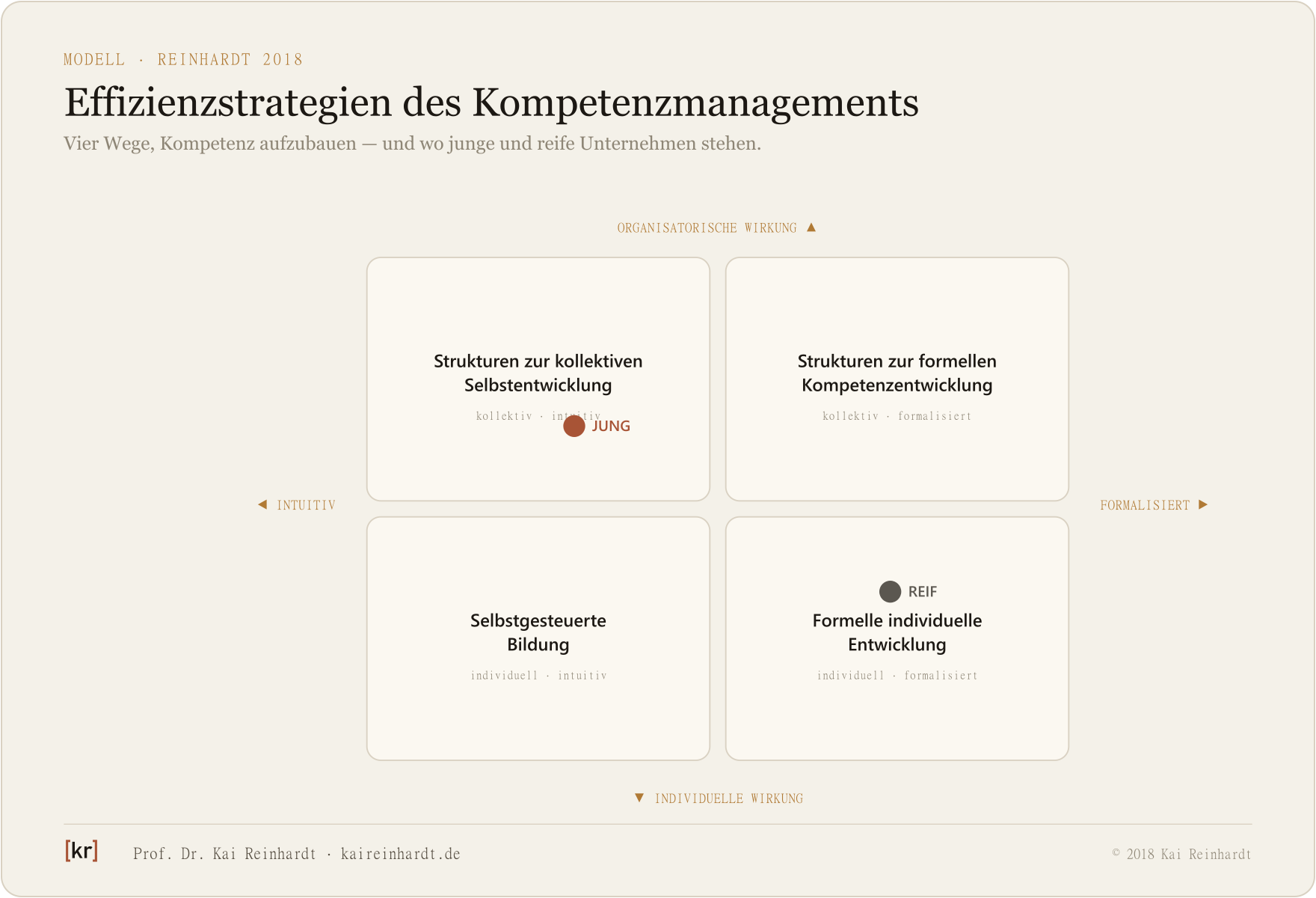 Konzeptgrafik: Effizienzstrategien des Kompetenzmanagements als 2x2-Matrix (Reinhardt 2018).