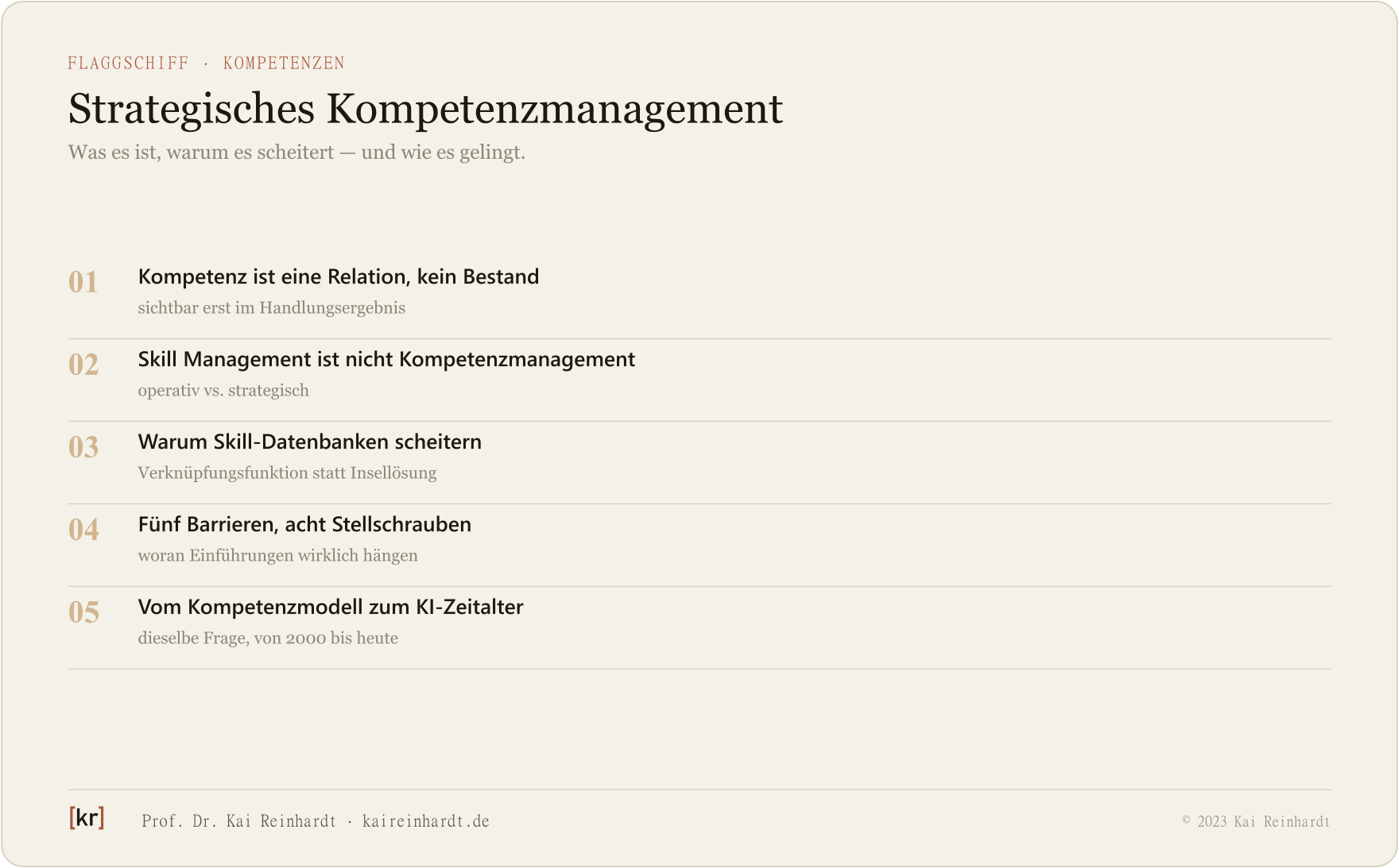 Strategisches Kompetenzmanagement im Überblick: fünf Bausteine von der Definition über die Skill-/Competency-Unterscheidung bis zu Barrieren und Stellschrauben.